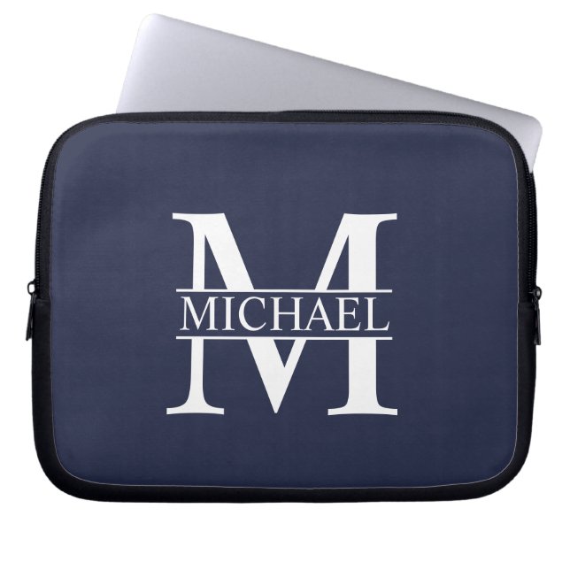 Navy Blue Personalised Monogram and Name Laptop Sleeve (Front)