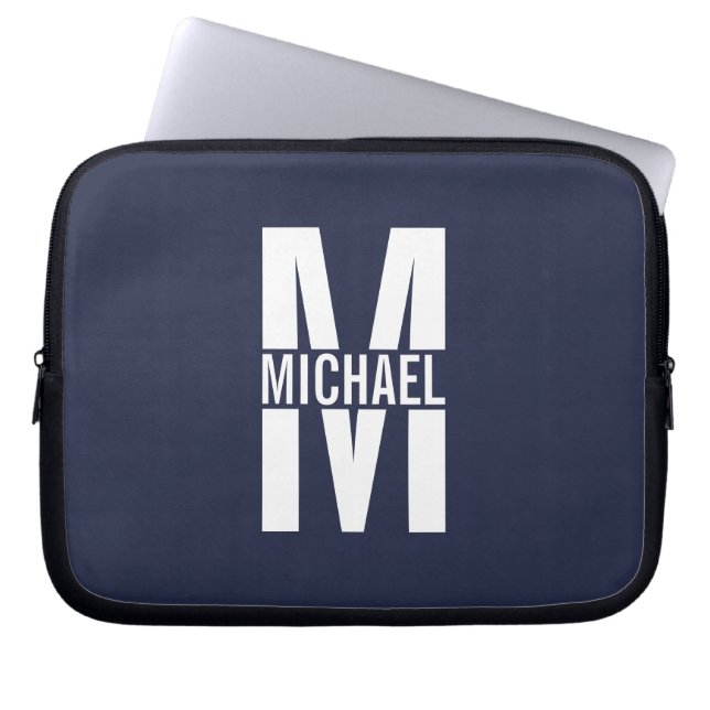 Navy Blue Personalised Monogram and Name Laptop Sleeve (Front)