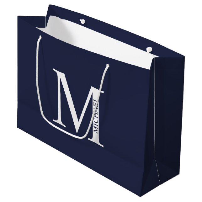Navy Blue Personalised Monogram and Name Large Gift Bag (Front Angled)