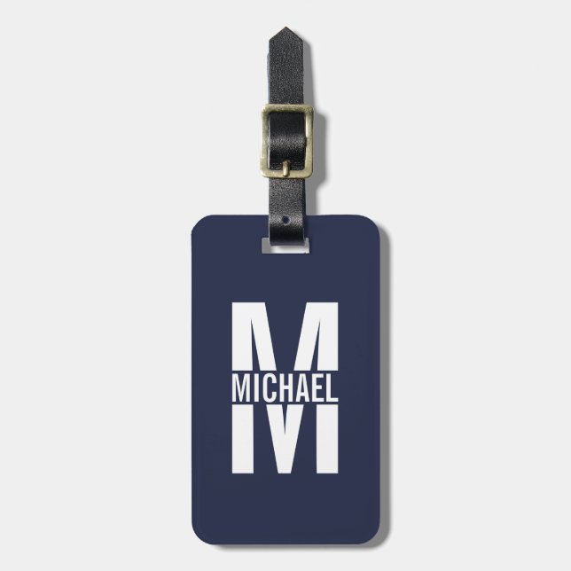 Navy Blue Personalised Monogram and Name Luggage Tag (Front Vertical)