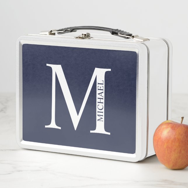 Navy Blue Personalised Monogram and Name Metal Lunch Box (In Situ)