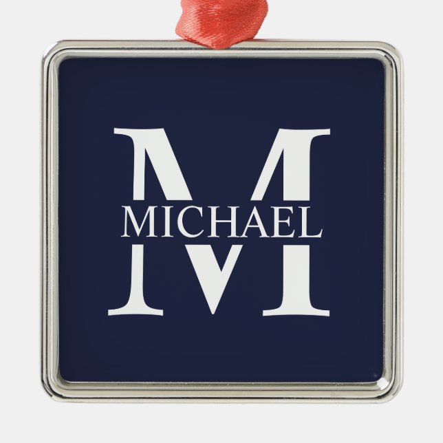 Navy Blue Personalised Monogram and Name Metal Tree Decoration (Front)