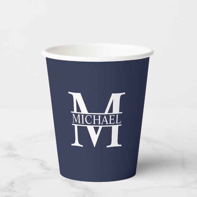 Navy Blue Personalised Monogram and Name Paper Cups (Front)