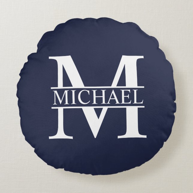 Navy Blue Personalised Monogram and Name Round Cushion (Front)