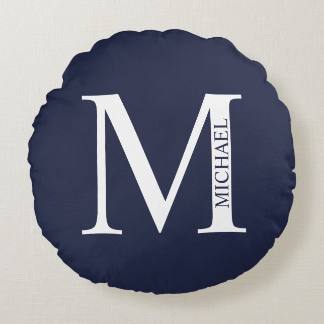 Navy Blue Personalised Monogram and Name Round Cushion (Front)