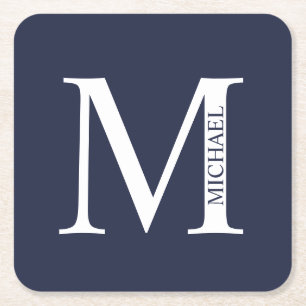 Navy Blue Personalised Monogram and Name Square Paper Coaster