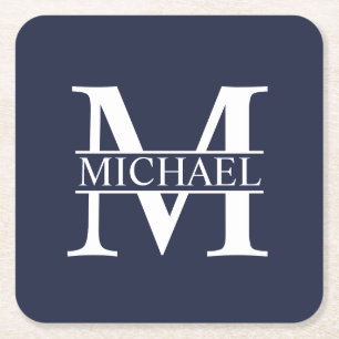 Navy Blue Personalised Monogram and Name Square Paper Coaster