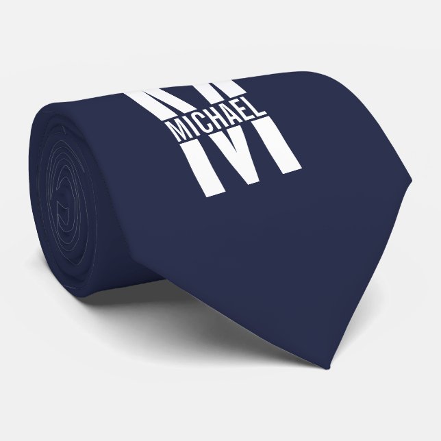 Navy Blue Personalised Monogram and Name Tie (Rolled)