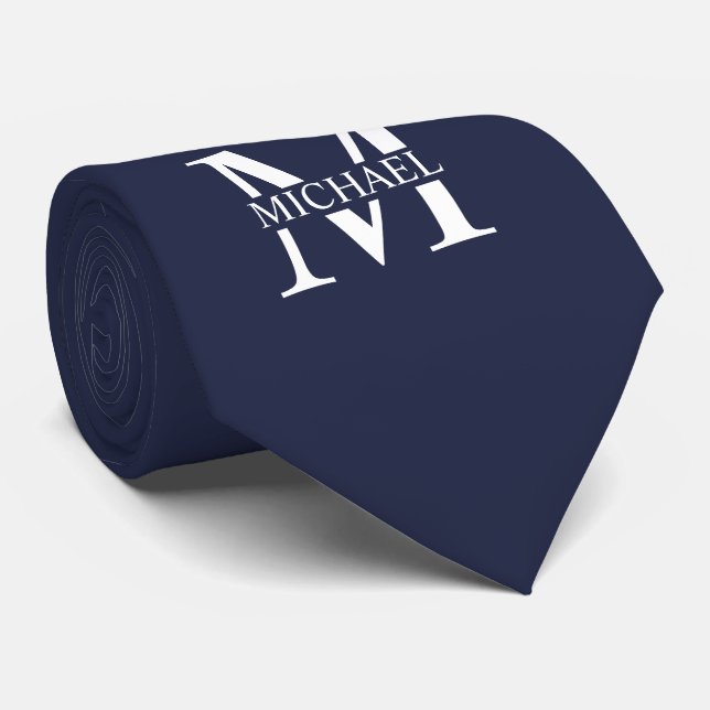 Navy Blue Personalised Monogram and Name Tie (Rolled)