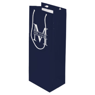 Navy Blue Personalised Monogram and Name Wine Gift Bag