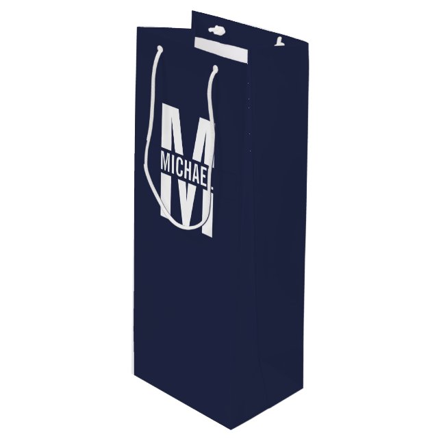 Navy Blue Personalised Monogram and Name Wine Gift Bag (Front Angled)