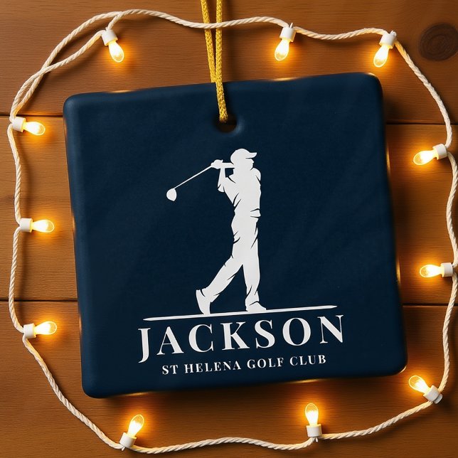 Navy Blue Personalised Monogram Golf Swing Ceramic Ornament (Creator Uploaded)