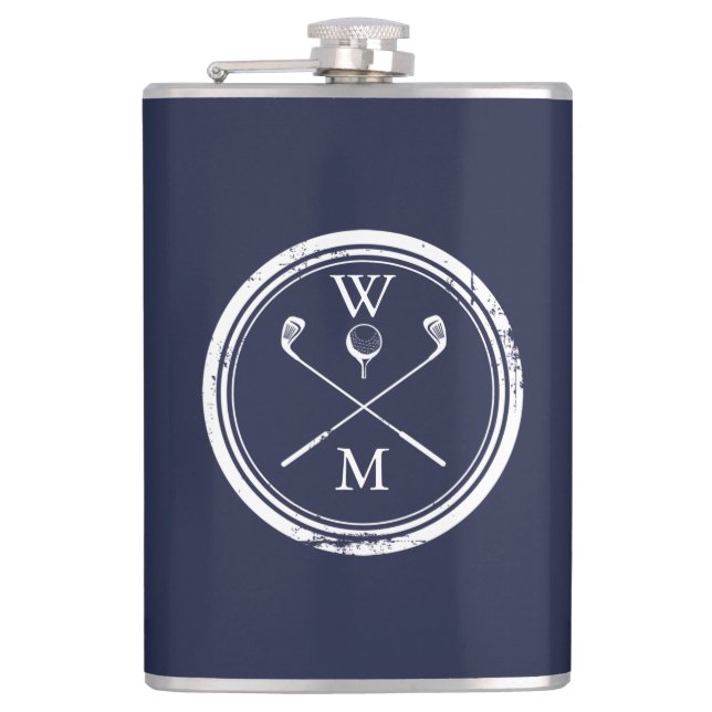 Navy Blue Personalised Monogram Initials Golf Hip Flask (Front)