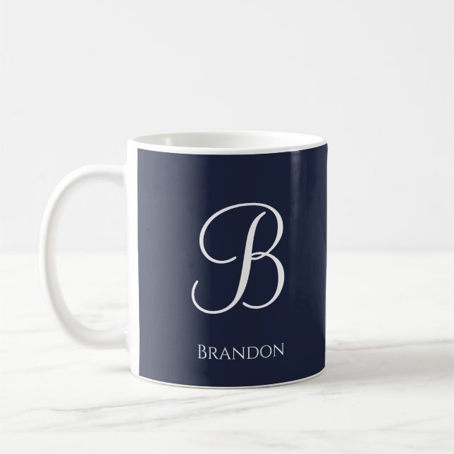 Navy Blue Personalised Name and Monogram Coffee Mug (Left)