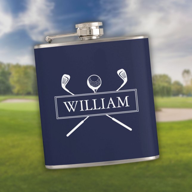 Navy Blue Personalised Name Clubs And Ball Hip Flask (Navy Blue Personalized Name Clubs And Ball Flask)
