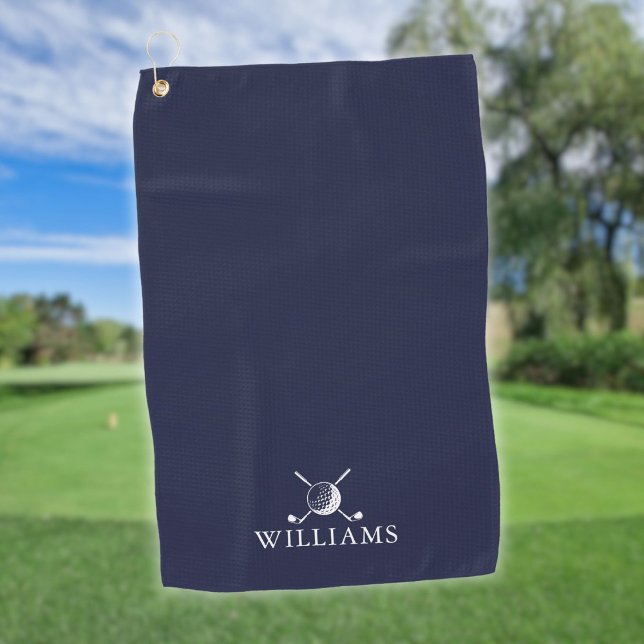 Navy Blue Personalised Name Golf Ball And Clubs Golf Towel (Navy Blue Personalized Name Golf Ball And Clubs Golf Towel)