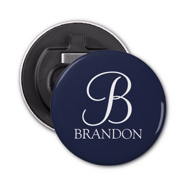 Navy Blue Personalised Script Monogram and Name Bottle Opener (Front)