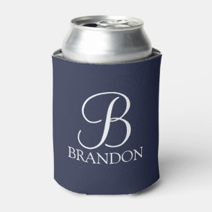 Navy Blue Personalised Script Monogram and Name Can Cooler
