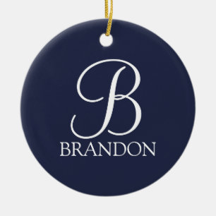 Navy Blue Personalised Script Monogram and Name Ceramic Tree Decoration