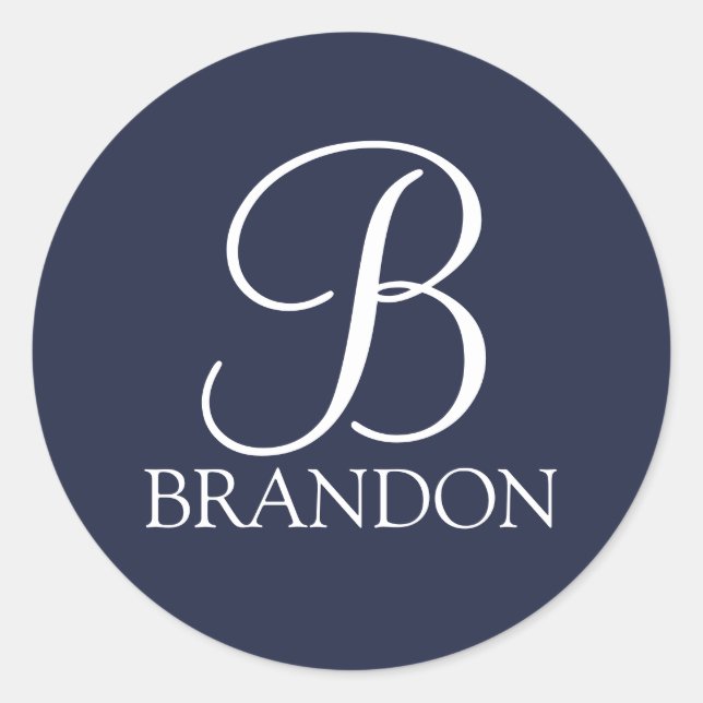 Navy Blue Personalised Script Monogram and Name Classic Round Sticker (Front)