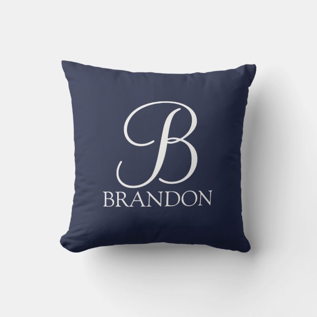 Navy Blue Personalised Script Monogram and Name Cushion (Front)
