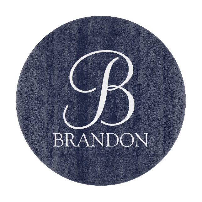 Navy Blue Personalised Script Monogram and Name Cutting Board (Front)