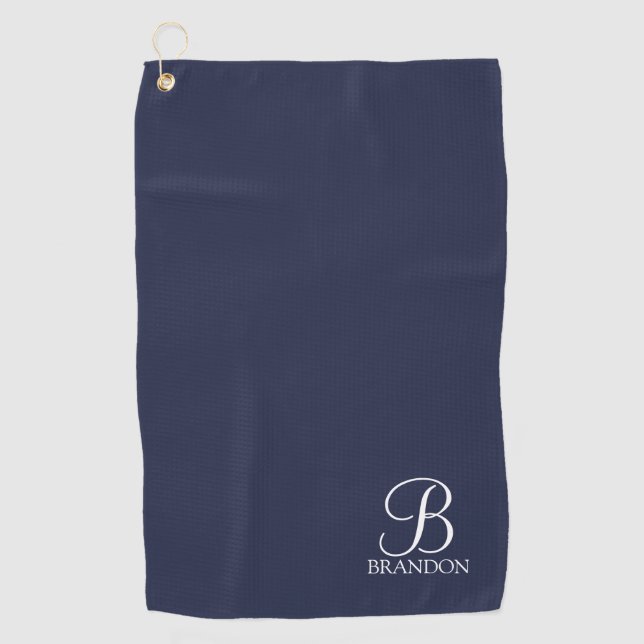 Navy Blue Personalised Script Monogram and Name Golf Towel (Front)
