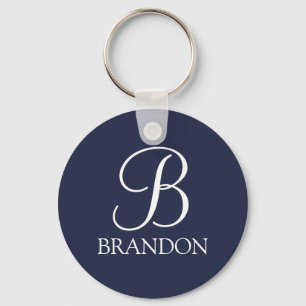Navy Blue Personalised Script Monogram and Name Key Ring