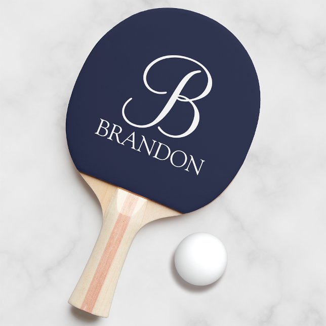 Navy Blue Personalised Script Monogram and Name Ping Pong Paddle (Creator Uploaded)
