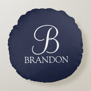 Navy Blue Personalised Script Monogram and Name Round Cushion