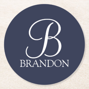 Navy Blue  Personalised Script Monogram and Name Round Paper Coaster