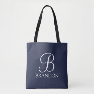 Navy Blue Personalised Script Monogram and Name Tote Bag
