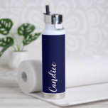 Navy Blue Personalised Wedding Bridesmaid Water Bottle<br><div class="desc">Gift your wedding bridesmaid or maid of honour with this vacuum trendy, insulated water bottle that features her name in white, stylised script on a navy blue colour background designed to match your wedding colour scheme. Personalise bottle by editing and replacing name with your own as desired. Select your water...</div>