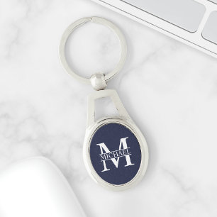 Navy Blue Personalized Monogram and Name Key Ring