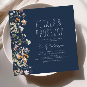 Navy Blue Petals & Prosecco Bridal Shower Invitation