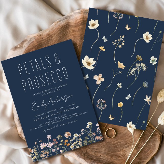 Navy Blue Petals & Prosecco Bridal Shower  Invitation (Creator Uploaded)