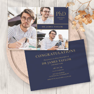 Navy Blue PhD Degree 3 Photo Graduation Party Invitation