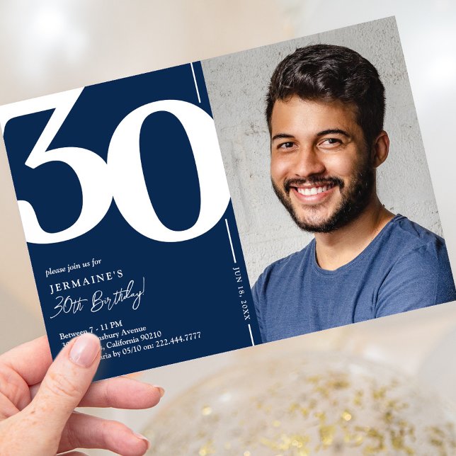 Navy Blue Photo 30th Birthday Party Invitation (Creator Uploaded)
