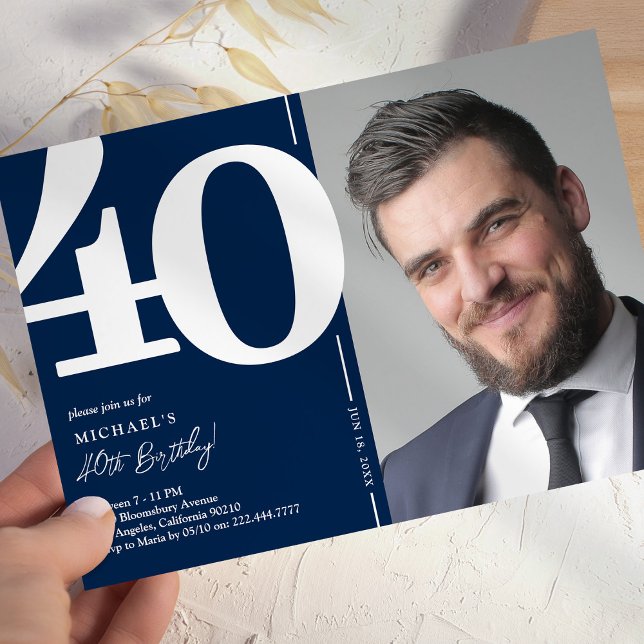 Navy Blue Photo 40th Birthday Party Invitation (Creator Uploaded)