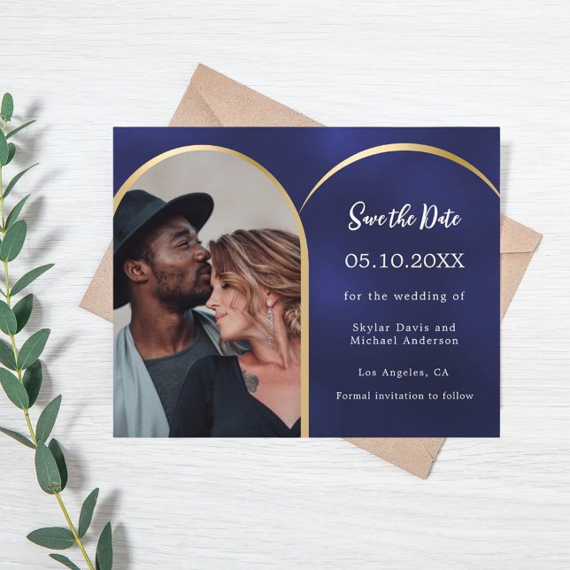 Navy blue photo arch wedding Save the Date card (Creator Uploaded)