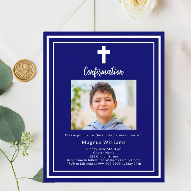 Navy blue photo boy Confirmation invitation (Creator Uploaded)