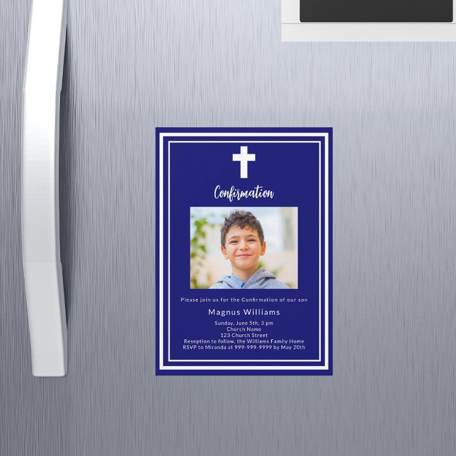 Navy blue photo boy Confirmation Magnetic Invitation (Creator Uploaded)