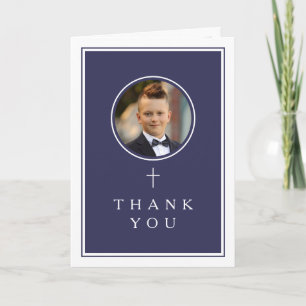 Navy Blue Photo Boy First Communion Thank You Card