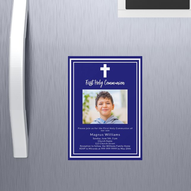 Navy blue photo boy First Holy Communion Magnetic Invitation (Creator Uploaded)