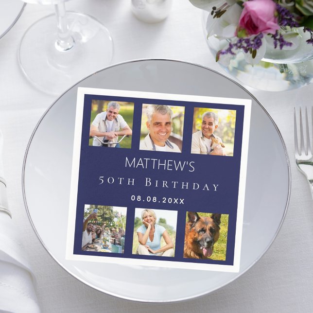 Navy blue photo collage birthday party napkin (Creator Uploaded)