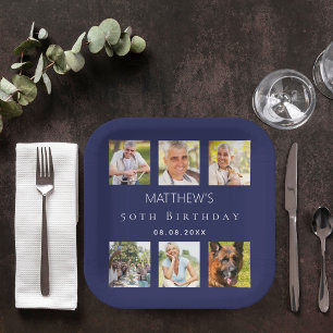Navy blue photo collage birthday party paper plate