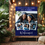 Navy blue photo collage birthday party welcome poster<br><div class="desc">Create your own unique photo collage. Use four,  4 of your favourite photo. Personalise and add a name and age. Navy blue background,  white text. The blue colour is uneven.</div>