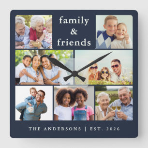 Navy Blue Photo Collage Family Friends Square Wall Clock