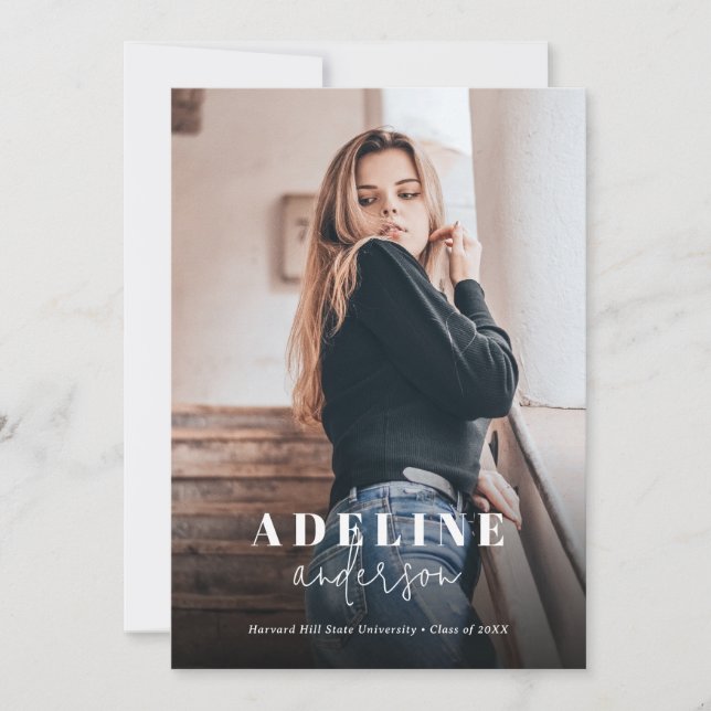 Navy Blue Photo Collage Stylish Script Graduation Announcement (Front)