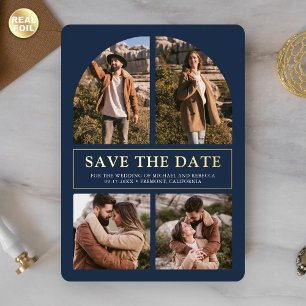 Navy Blue Photo Collage Wedding Save the Date Gold